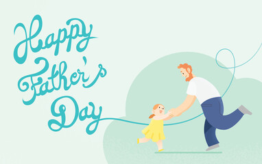 Happy Father's Day celebration vector card illustration. Loving father dancing with his young daughter. Dad and child dancing together and holding hands. Removable cursive text in background.