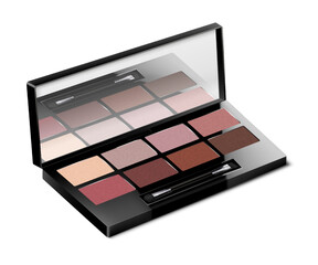 Make-up color eyeshadow palette isolated on white background. Eyeshadow or blush kit container. Open compact makeup cosmetic case with mirror, 3d realistic vector template.