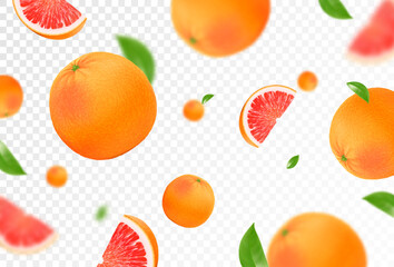 Grapefruit background. Flying grapefruit with green leaf on transparent background. Citrus falling from different angles. Focused and blurry objects. Realistic 3d vector illustration