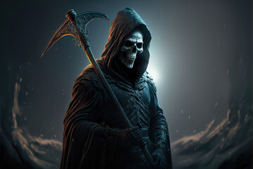 Fototapeta na wymiar the grim reaper with a scythe, portrait of the death, generative ai
