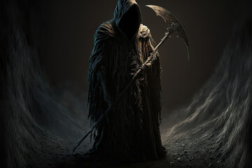 the grim reaper with a scythe, portrait of the death, generative ai