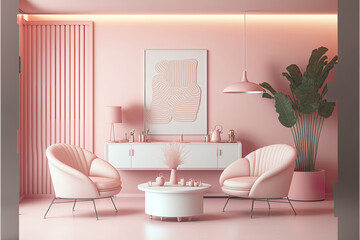 modern pastel pink living room interior with sofa, generative ai