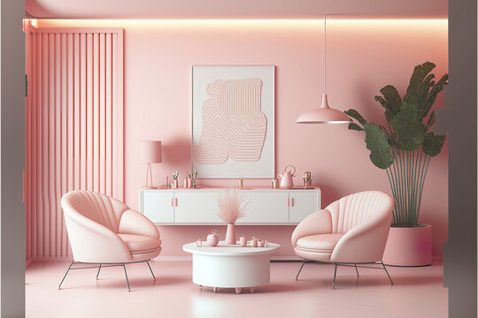 Modern Pastel Pink Living Room Interior With Sofa, Generative Ai