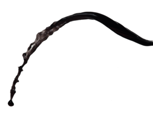 Flow of Crude Oil gasoline pour down over white background isolated. Black water liquid fall down line. Black Ink, Coffee drink pour splash drop as gold crude oil or sticky water