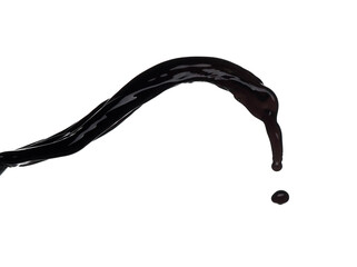 Flow of Crude Oil gasoline pour down over white background isolated. Black water liquid fall down line. Black Ink, Coffee drink pour splash drop as gold crude oil or sticky water