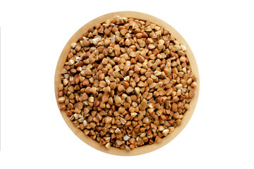 Heap of buckwheat seeds in wooden bowl isolated on white background, top view. Close-up of buckwheat seeds. Heap of buckwheat seeds after harvest. Pile of buckwheat seeds in a wooden bowl, top view.