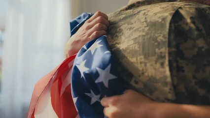 Closeup of US woman hugging husband departing for military service, soldier
