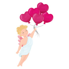 Illustration with a cute character, Amur, cupid holding many balloons, clipart for Valentine's Day