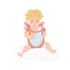 Illustration with a cute character, Amur, cupid playing a musical instrument sitting on a cloud, lyre, clipart for Valentine's Day