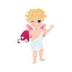 Illustration with a cute character, Amur, cupid shoots a gun with hearts, clipart for Valentine's Day