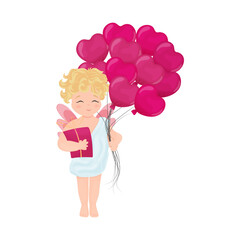 Illustration with a cute character, Amur, cupid holding a gift and lots of balloons, clipart for Valentine's Day