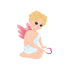 Illustration with a cute character, Amur, Cupid drawing a heart with his finger, Valentine's Day clipart