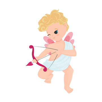 Illustration with a cute character, Amur, cupid shoots an arrow, clipart for Valentine's Day