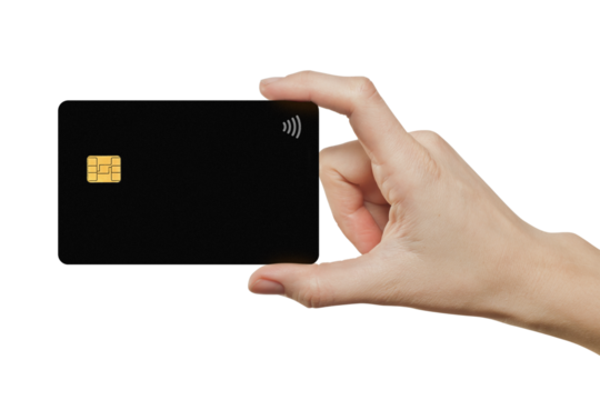 hand holding out a credit card on a white background