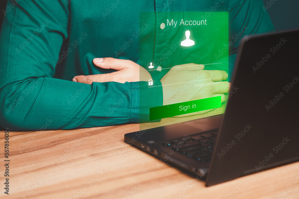 Poster Man protecting personal data on computer laptop and virtual interface. Cyber security concept to protect data. Sign in encryption and access to the user's private information to access the internet.