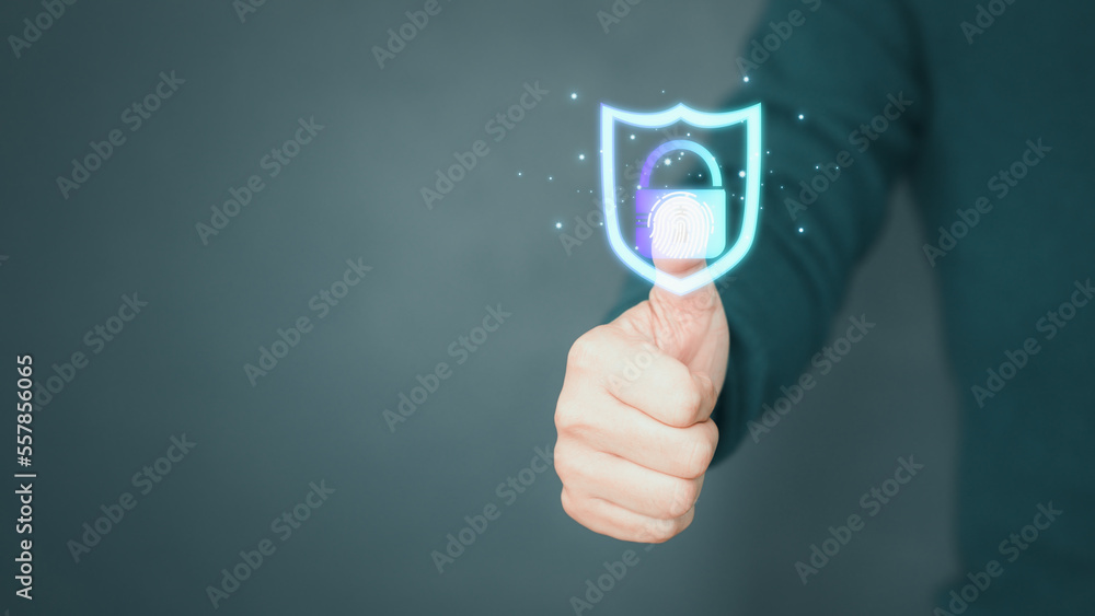 Poster Man login with fingerprint scanning technology. Security concepts and fingerprint password control in the technology of the future.