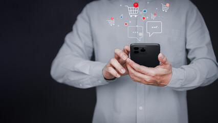 Adult man using a smartphone order in online store, shopping on internet, technology concept of mobile phone app.