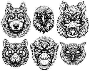 Black and white hand drawn face of monkey, cat, owl, crow, pig, dog. Vector illustration mascot art.
