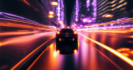 Lights of cars with night. Speeding Sports Car On Neon Highway. Powerful acceleration of a supercar on a night track with colorful lights and trails.	
