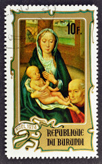 Cancelled postage stamp printed by Burundi, that shows Painting Virgin and child by Hans Memling,...