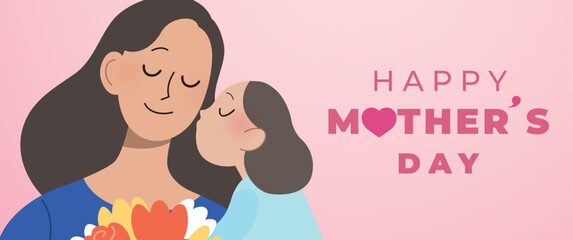 Happy mother's day vector illustration banner background. Hispanic mother receiving a bouquet of flowers from child. Hispanic family with mom and daughter. Daughter hugging and kissing her mother.