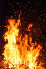 Fototapeta na wymiar Abstract blaze fire flame texture for banner background. Fire sparks particles with flames isolated on black background. Beautiful flames. Fuel, power and energy