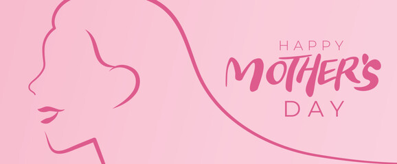 Happy mother's day celebration banner background with text. Profile face of a smiling woman drawn with lines. Minimalist line woman profile on a flat background.
