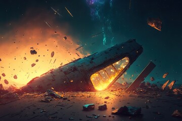 Spaceship crashed on the land. Movie scenery. Movie concept. Illustration. Generative AI	
