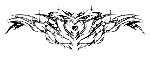 Succubus womb tattoo. Demon heart sigil, 3D chrome metal in triball style. Vector tattoos - obrazy, fototapety, plakaty