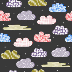 Fototapeta premium Seamless pattern with colorful clouds and stars. Fantasy cute print. Vector hand drawn illustration.