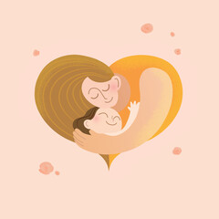 Happy mother day vector square card, loving caucasian mother hugging her young daughter in a shape of heart, Background with small flowers. Smiling woman holding cute happy little girl in her arms. 