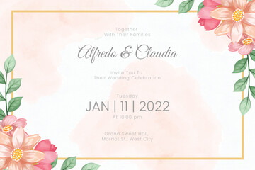 Wedding invitation template with watercolor flowers