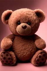 Smiling teddy bear. Isolated pastel rose background. Valentine or birthday card. Generative ai.