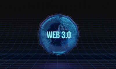 WEB 3.0 future internet network with cyberspace globe, 3D illustration concept. Futuristic global online world visualization. Virtual metaverse world, blockchain and artificial intelligence technology