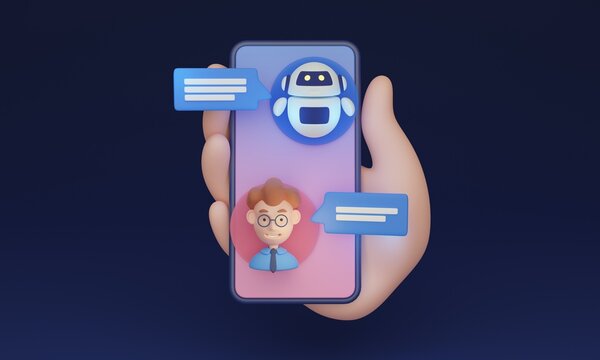 Chatbot and user interaction 3D illustration concept. Chat GPT app that uses natural language processing to engage in conversation with users. Assisting with tasks and helping by providing information