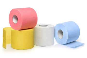 Several rolls of coloured toilet paper, isolated on white background