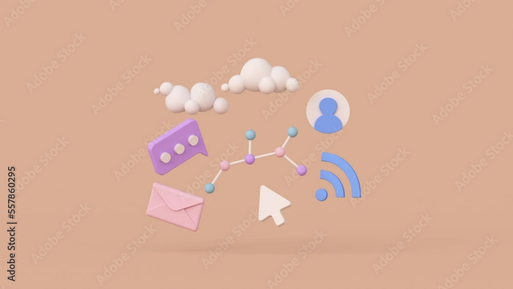 Poster internet and telecommunication symbols. 3d render animation