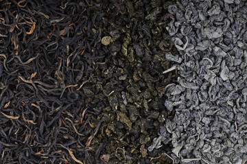  A set of dry herbal and floral tea. Green, black, composite tea. texture. top view