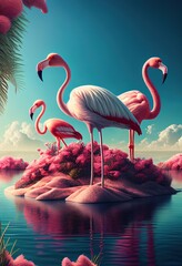 Abstract vivid illustration of pink flamingos. Generative art 