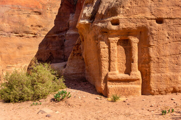 Petra, Jordan, Al Siq caves carved in the walls of ancient city of famous historical and archaeological site