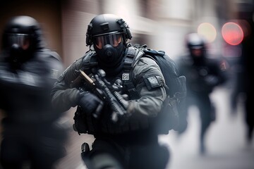 SWAT, rapid response squad, blurred motion. Photorealistic illustration. Generative art - obrazy, fototapety, plakaty