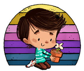 Illustration of boy with pot and flower in hands