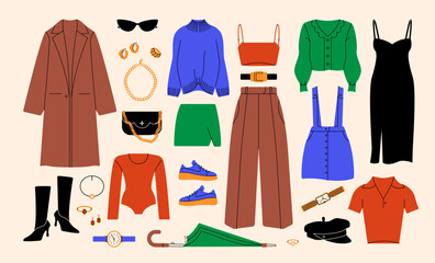 Female fashion cloth. Flat woman garment accessories fall spring season, stylish dress pants skirt shirt coat shoes. Vector cartoon set