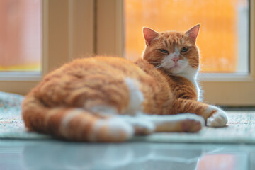 Ginger cat relaxing on the floor in a cosy atmosphere.