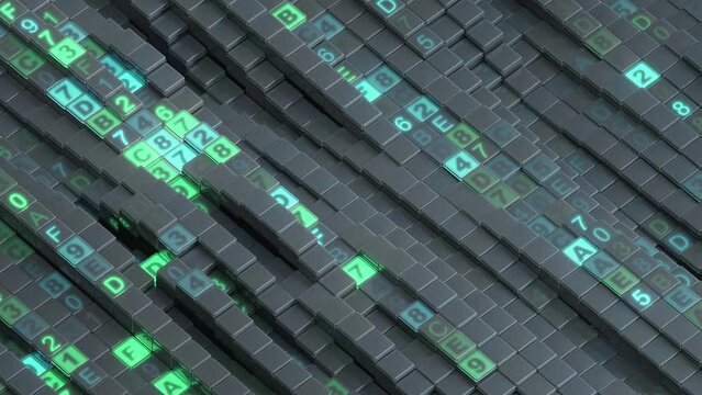 Matrix of computer hex code. Abstract futuristic digital technology motion background. Seamless loop 3D render animation