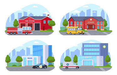 Various municipal buildings. Civil infrastructure of the city. Vector illustration