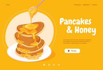 Banner Homemade Pancakes with Jams. A delicious hearty breakfast. Fried pancakes. Vector illustration