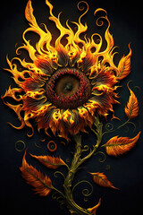 abstract sunflower with flames. Generative AI picture.