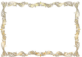 表彰状テンプレート横位置,オリエンタル柄のフレーム。アンティーク、ビンテージのゴールドメタリック。飾り罫