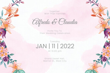 Fototapeta na wymiar Wedding invitation template with watercolor flowers